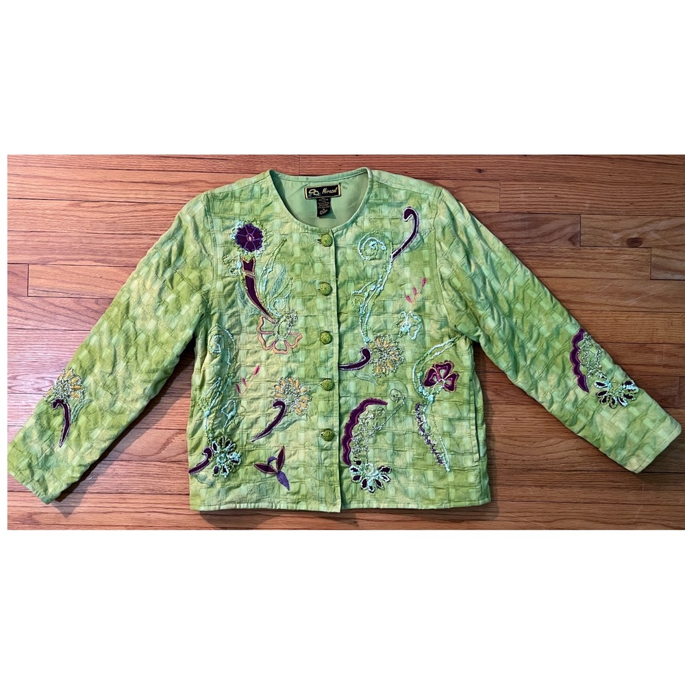 Vintage Mirasol Granny Chic Shirt Jacket Shacket Embroidered Green Women M